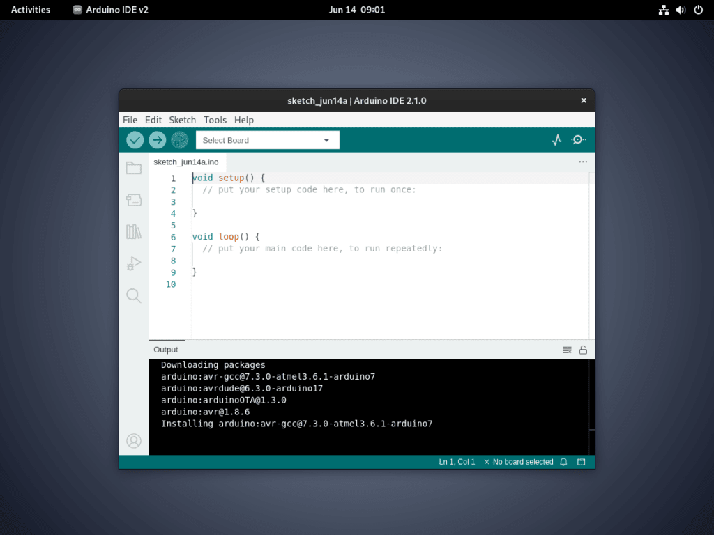 Screenshot of Arduino 2.x application interface on Debian Linux.