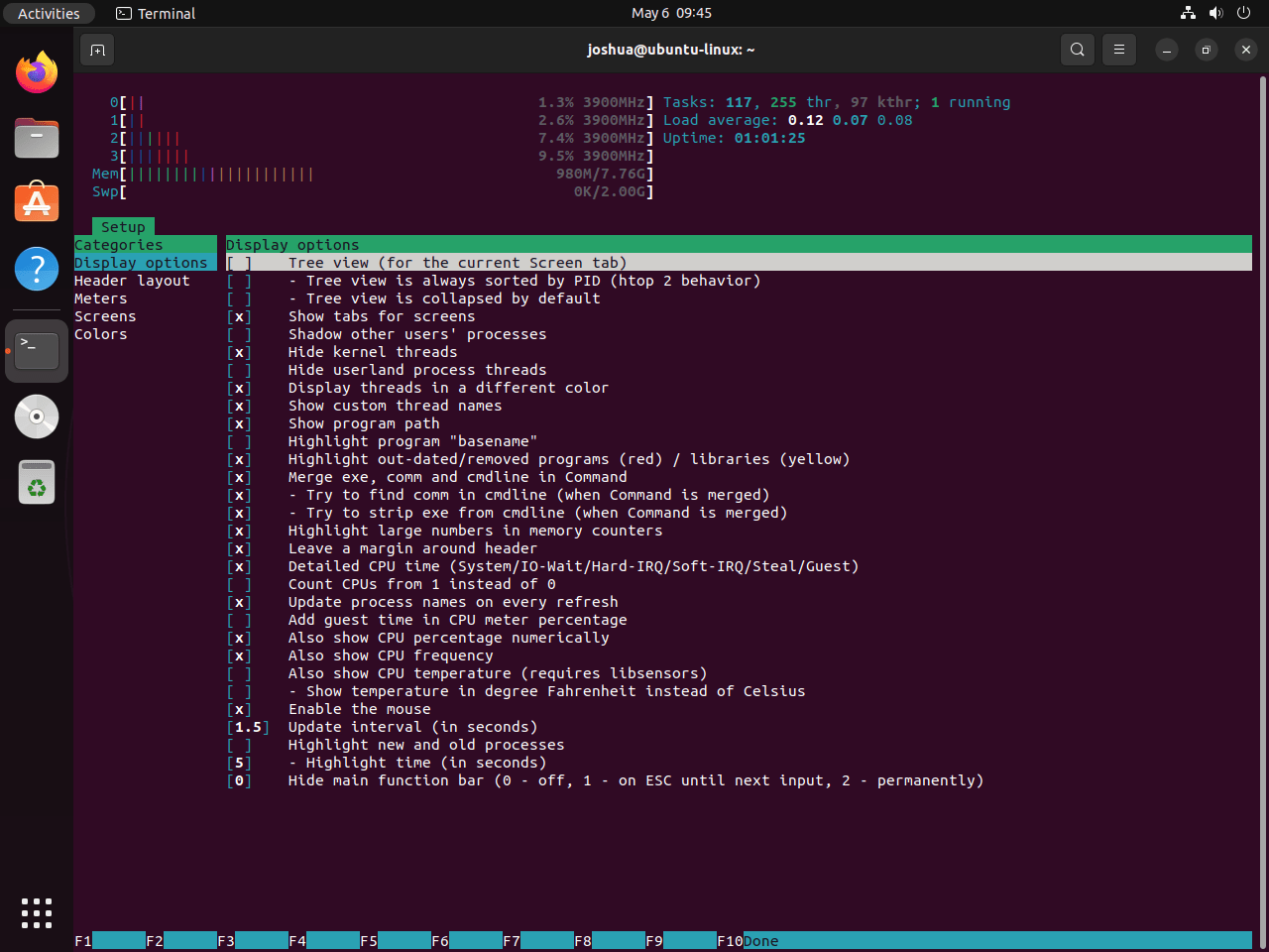 Navigeren door de menuopties van Htop om aan te passen en te configureren op Ubuntu 24.04, 22.04 of 20.04.