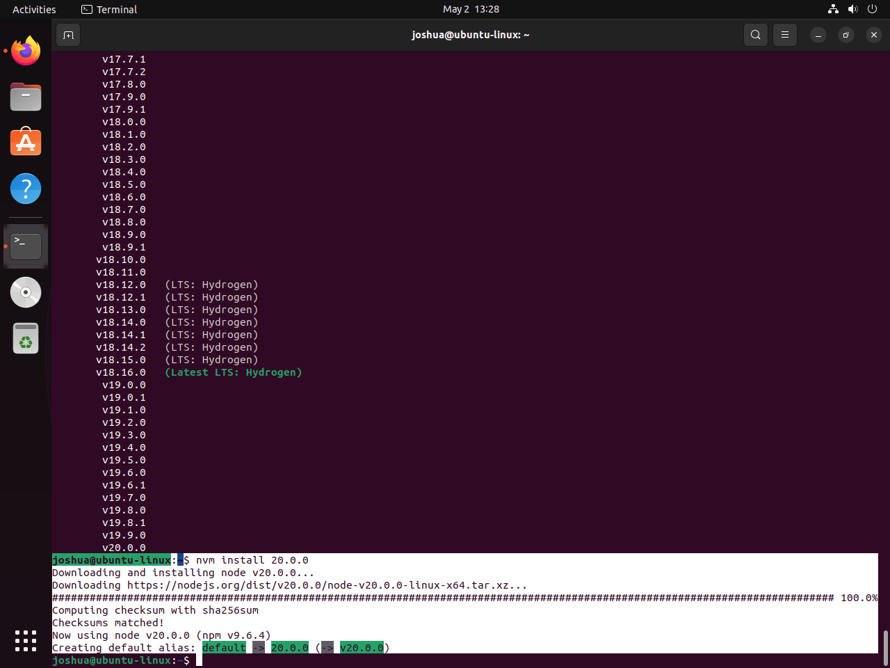 在 Ubuntu Linux 24.04、22.04 或 20.04 上使用 NVM 安装 Node.js 版本 20.0.0