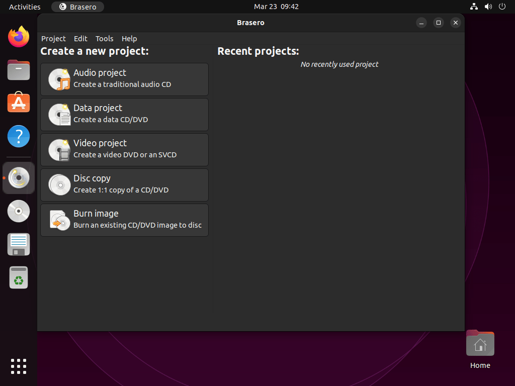 Brasero aberto e pronto para tarefas de gravação de disco no Ubuntu 24.04, 22.04 ou 20.04.