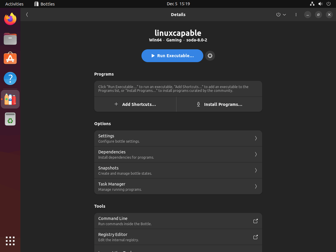 Configuring settings in a newly created bottle within Bottles on Ubuntu 24.04, 22.04, or 20.04.