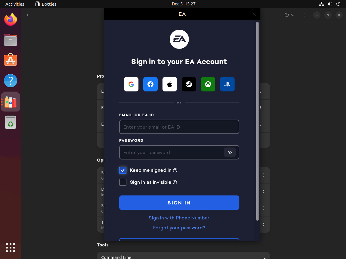 Logging into EA Launcher via Bottles on Ubuntu