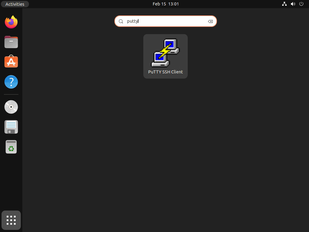 Launching PuTTy SSH Client from the application icon on Ubuntu 24.04, 22.04, or 20.04.