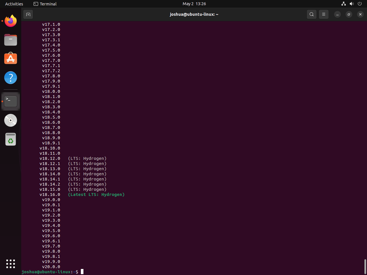 Tangkapan layar dari perintah 'nvm ls-remote' yang mencantumkan versi Node.js yang tersedia untuk Ubuntu 22.04 atau 20.04.