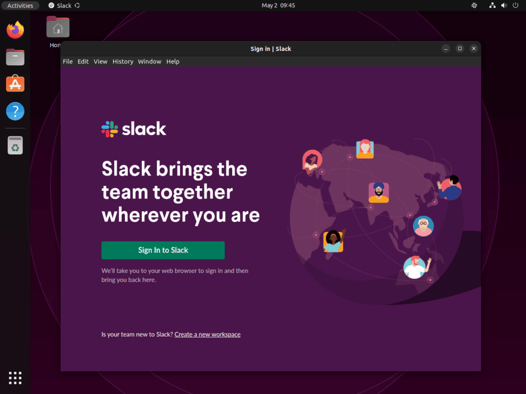 Screenshot of signing into Slack on Ubuntu 22.04 or 20.04.