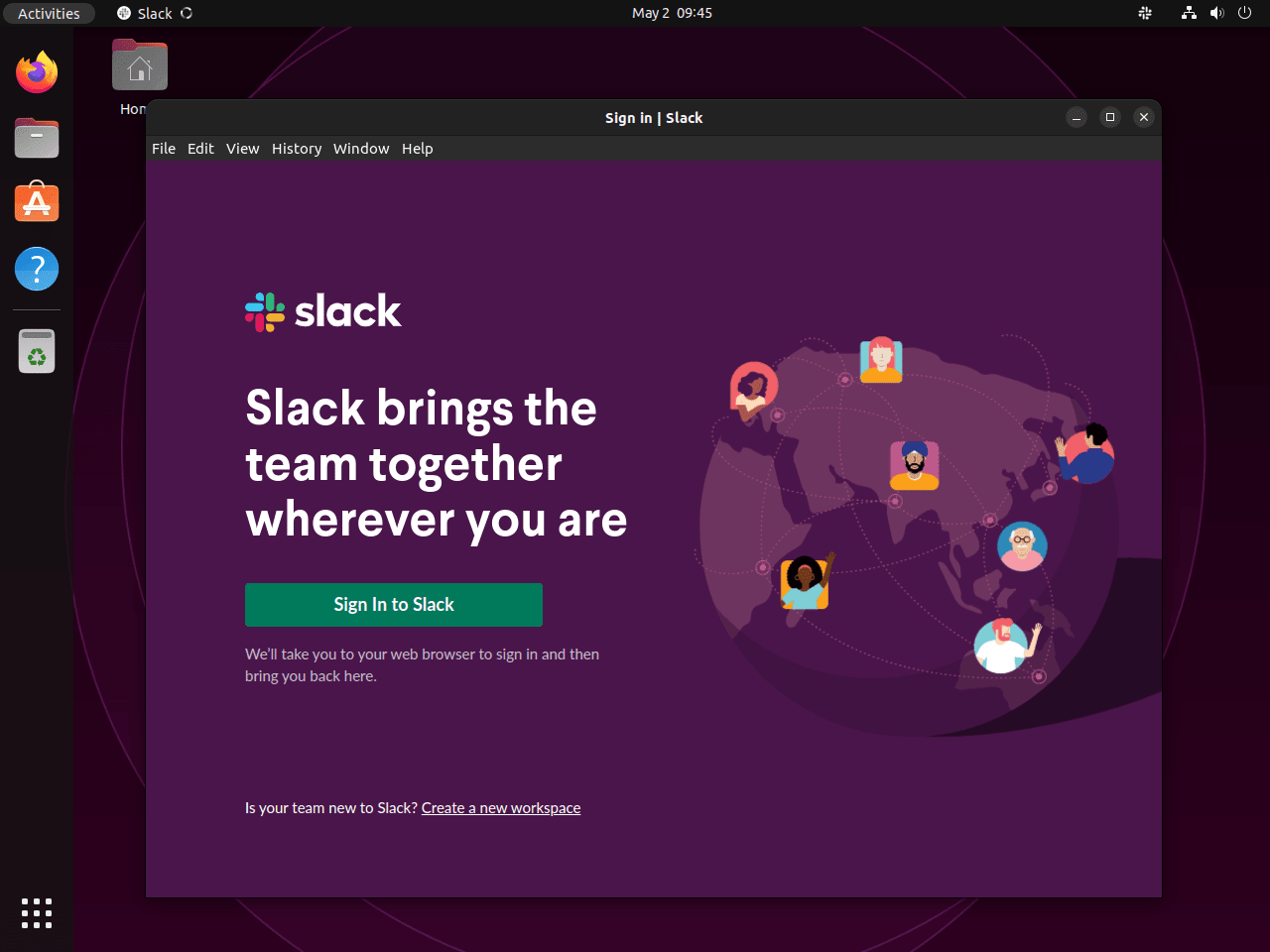 Présentation de l'interface utilisateur de Slack sur Ubuntu 24.04, 22.04 ou 20.04.