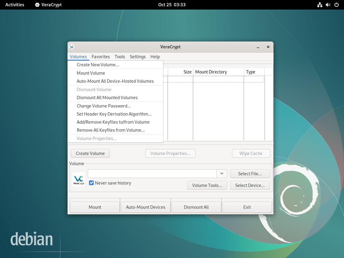 Membuka tangkapan layar antarmuka aplikasi VeraCrypt di Debian Linux.