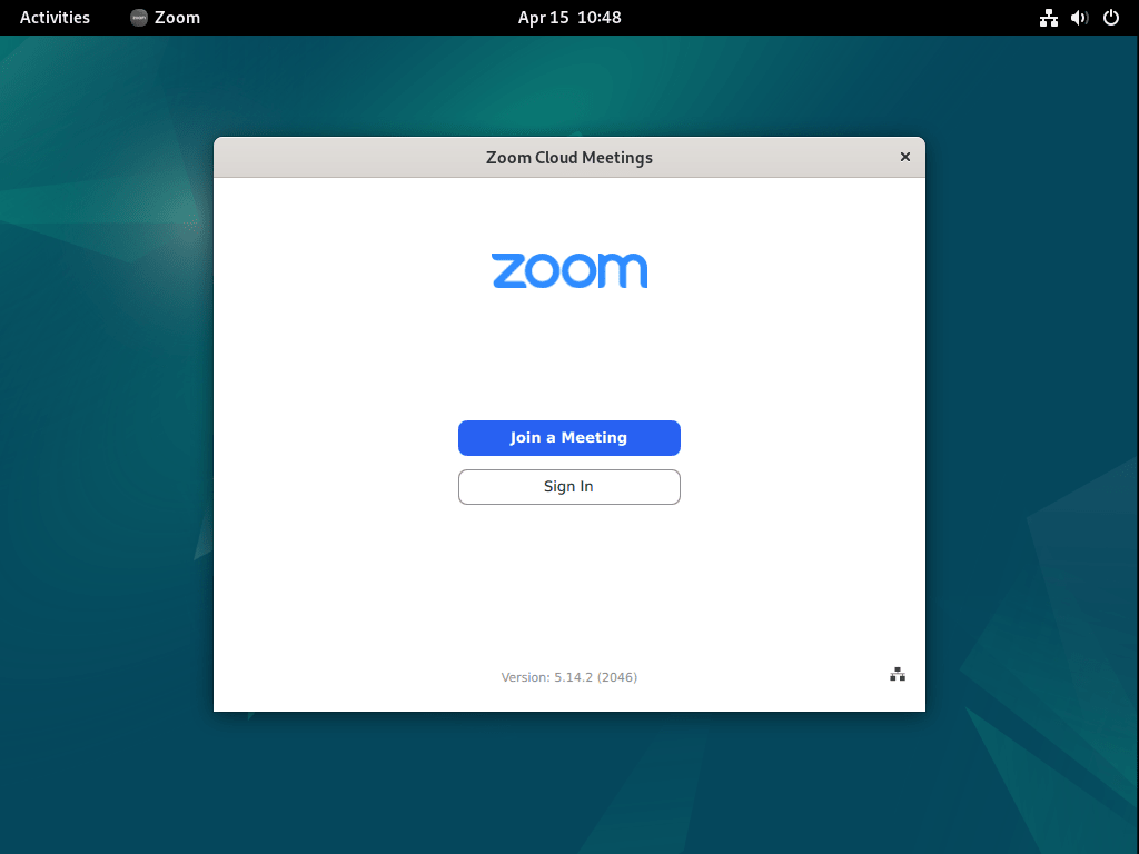 Capture d'écran de la page de connexion de Zoom fonctionnant avec succès sous Debian Linux.