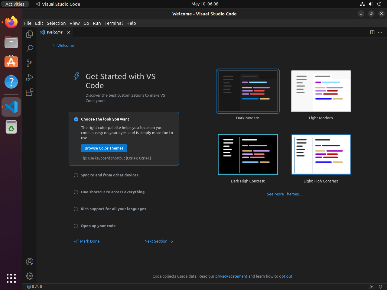 First-time launch of Visual Studio Code on Ubuntu