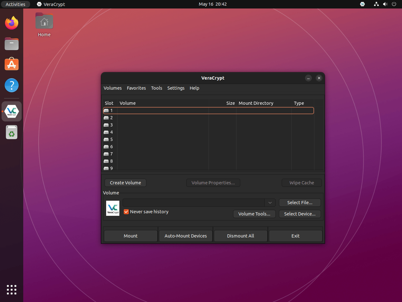 Default user interface of VeraCrypt on Ubuntu