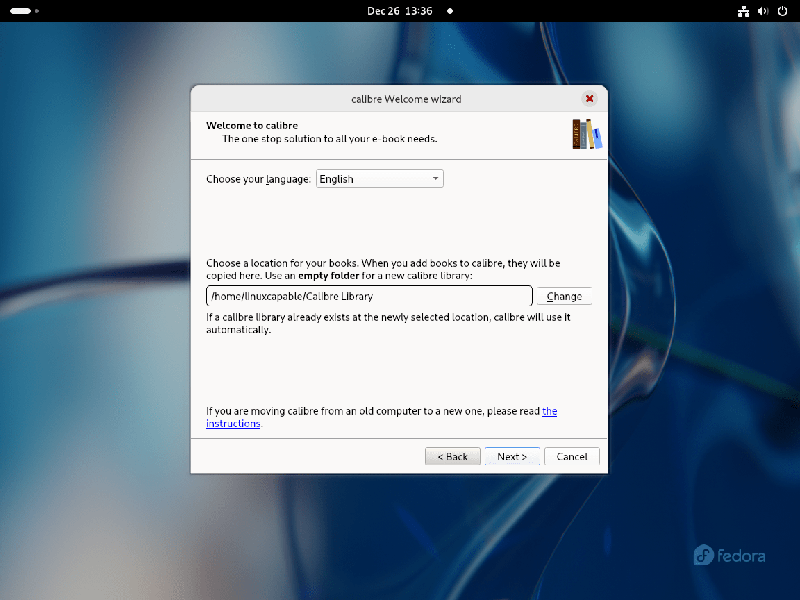 Calibre setup wizard Step 1 for directory selection on Fedora Linux