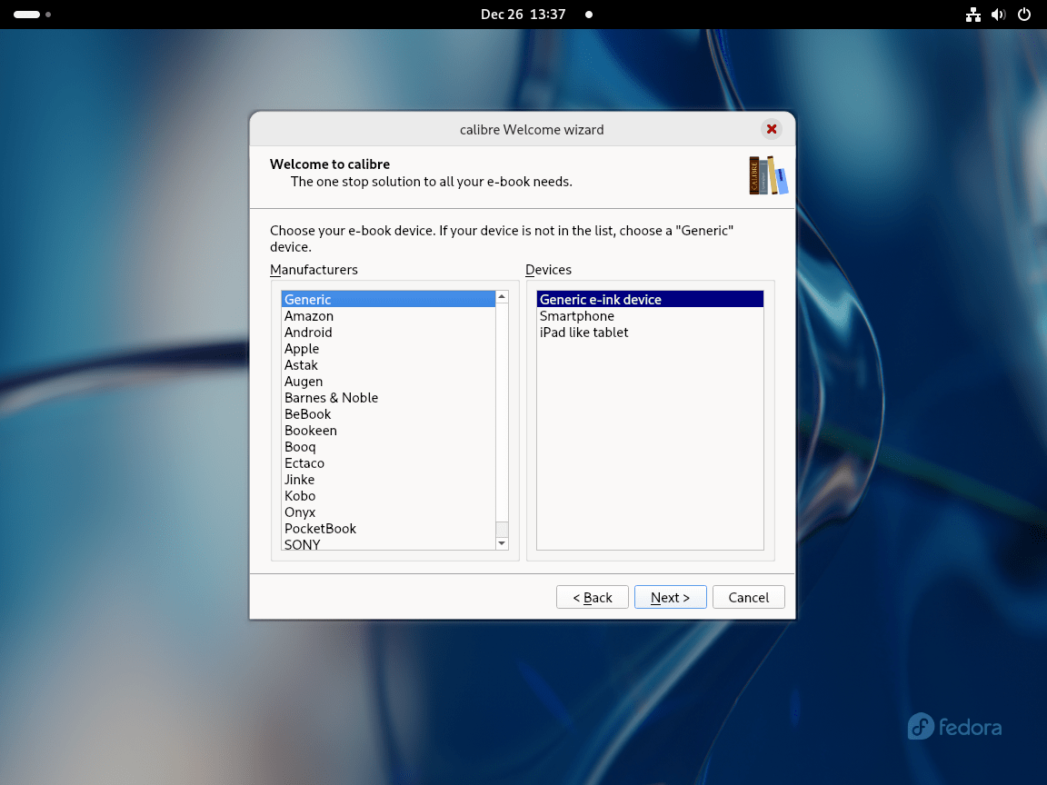 Specifying device in Calibre setup wizard on Fedora Linux