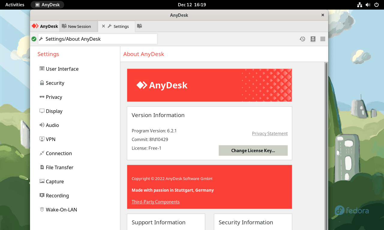 Screenshot showcasing a successfully installed AnyDesk client on Fedora Linux.