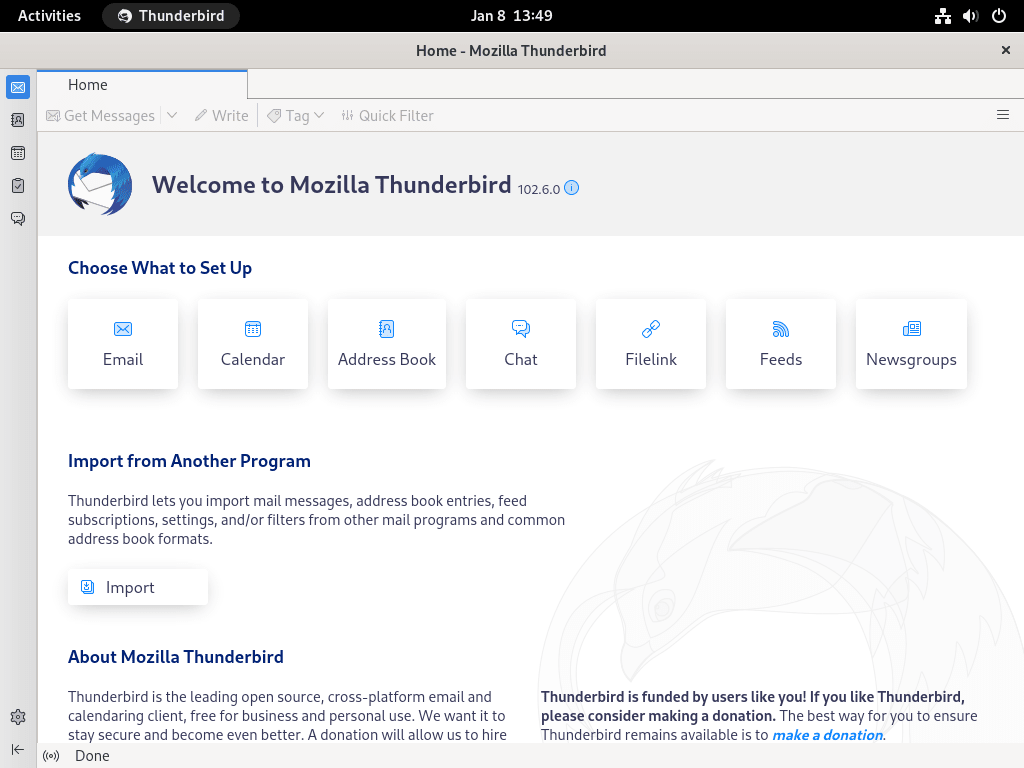 Fedora Linux의 Thunderbird 이메일 클라이언트 인터페이스 개요 스크린샷.