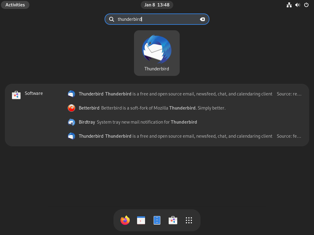 Schermafbeelding die laat zien hoe je Thunderbird kunt starten vanuit het menu Toepassingen op Fedora Linux.