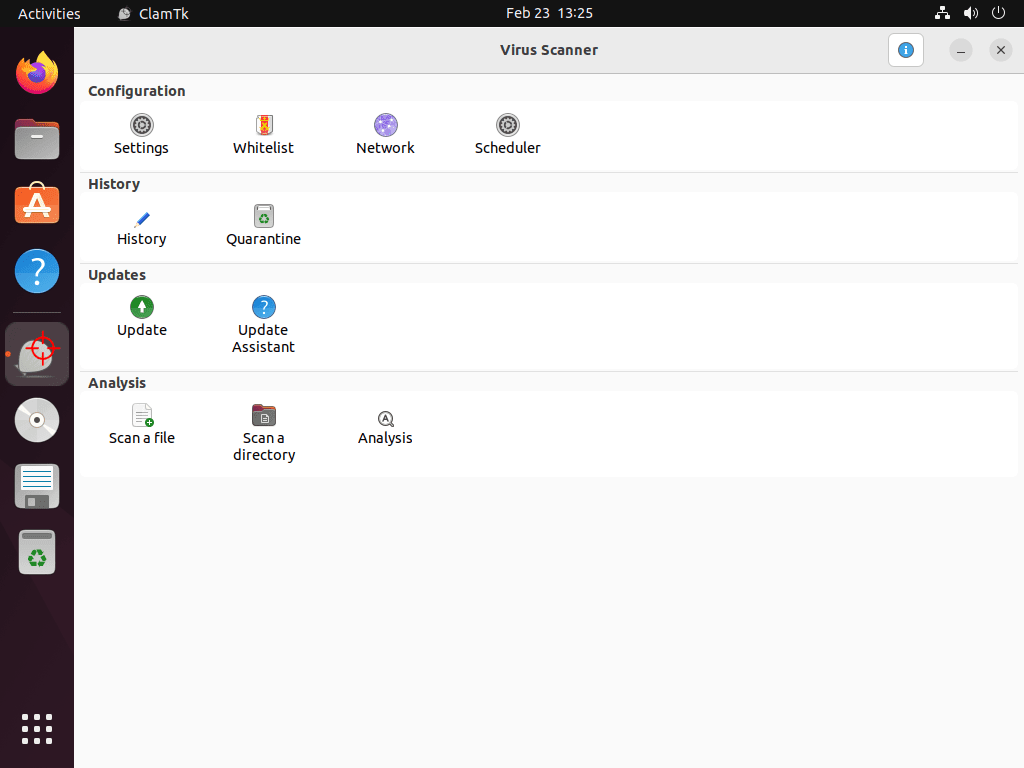 Screenshot of the ClamTK graphical user interface for managing ClamAV on Ubuntu Linux.