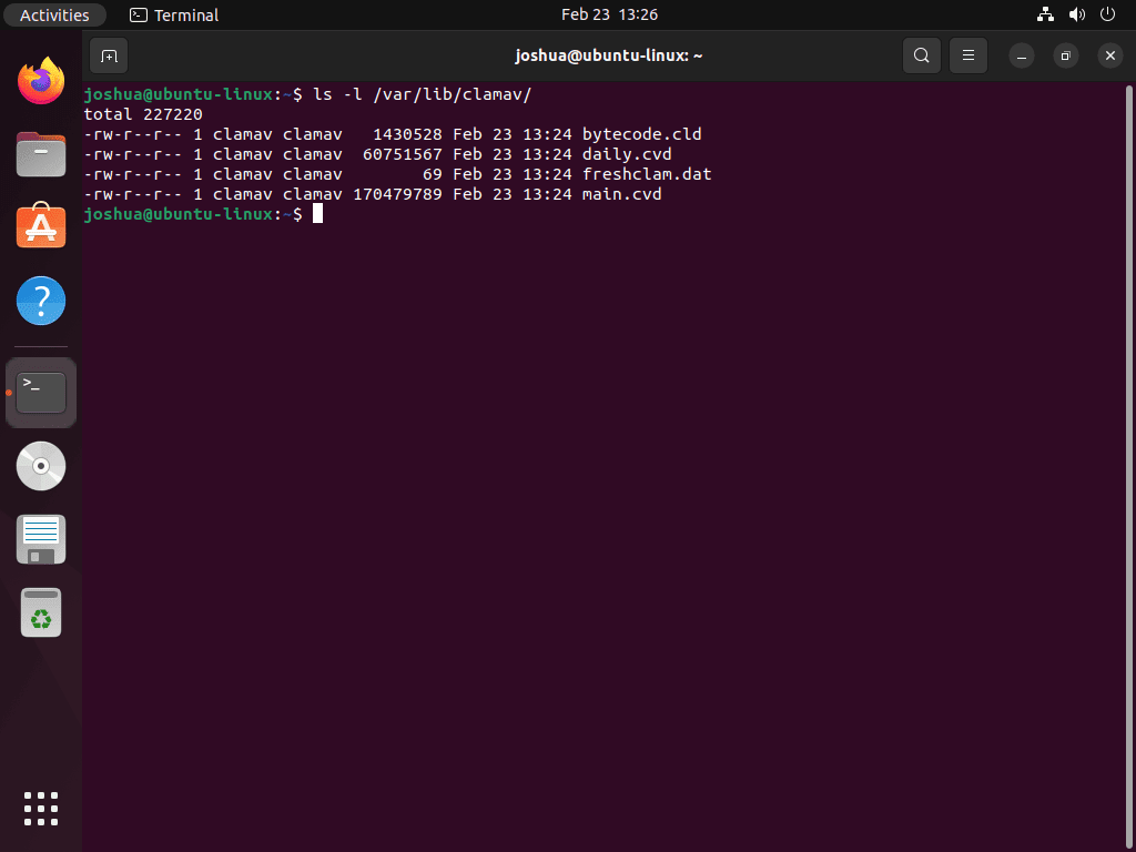 Terminal showing the contents of the ClamAV virus definition directory (/var/lib/clamav) on Ubuntu Linux.