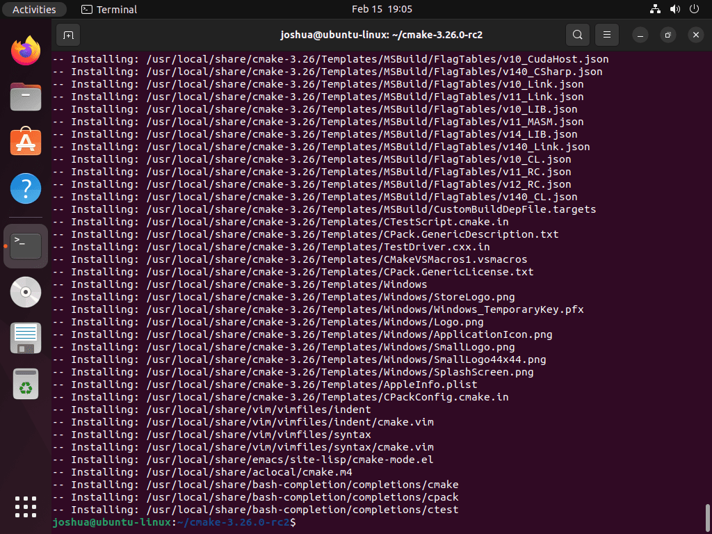 Terminal output of the make install command used during the CMake installation process on Ubuntu Linux.