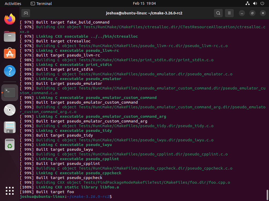 Terminal output showing the completed build process during CMake installation on Ubuntu Linux.