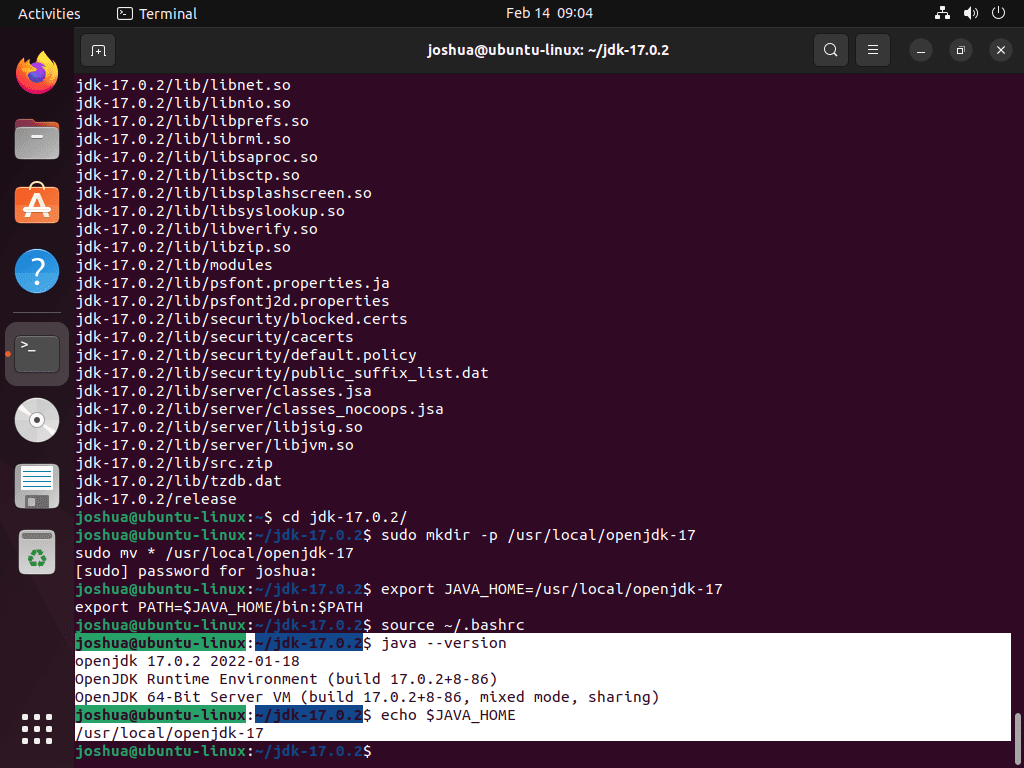 Terminal output verifying the successful manual installation of OpenJDK 17 on Ubuntu Linux.