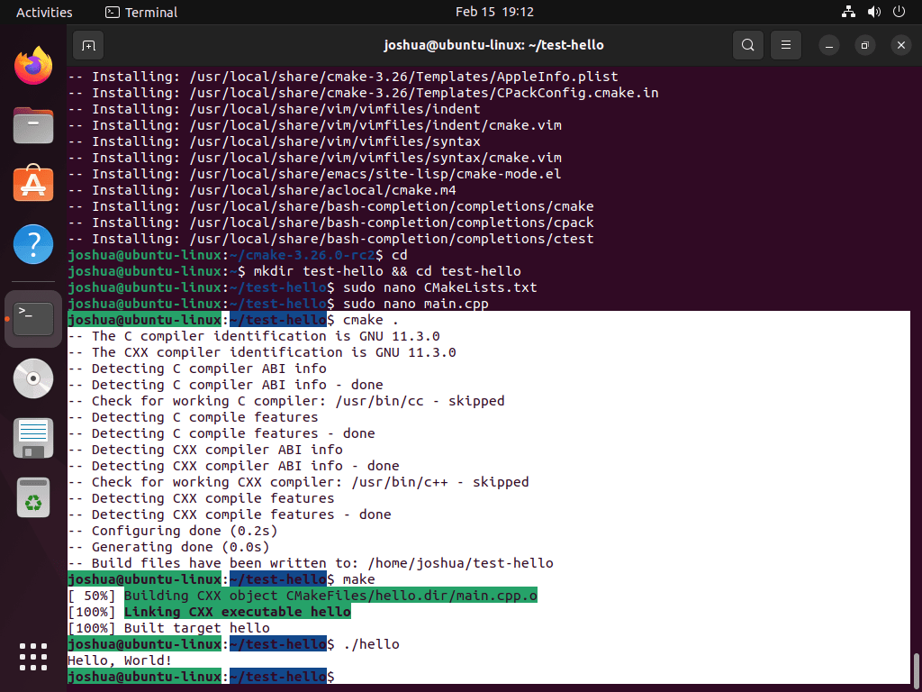 Terminal output showing a successful "Hello, World!" program built and run using CMake on Ubuntu Linux.