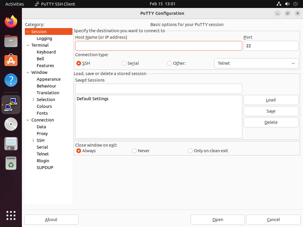 Example of PuTTY UI on Ubuntu Linux