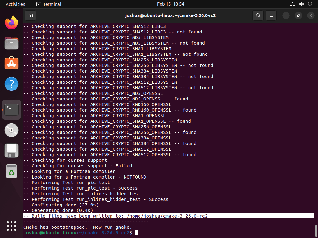 Screenshot showing the bootstrap script output during CMake installation on Ubuntu Linux.