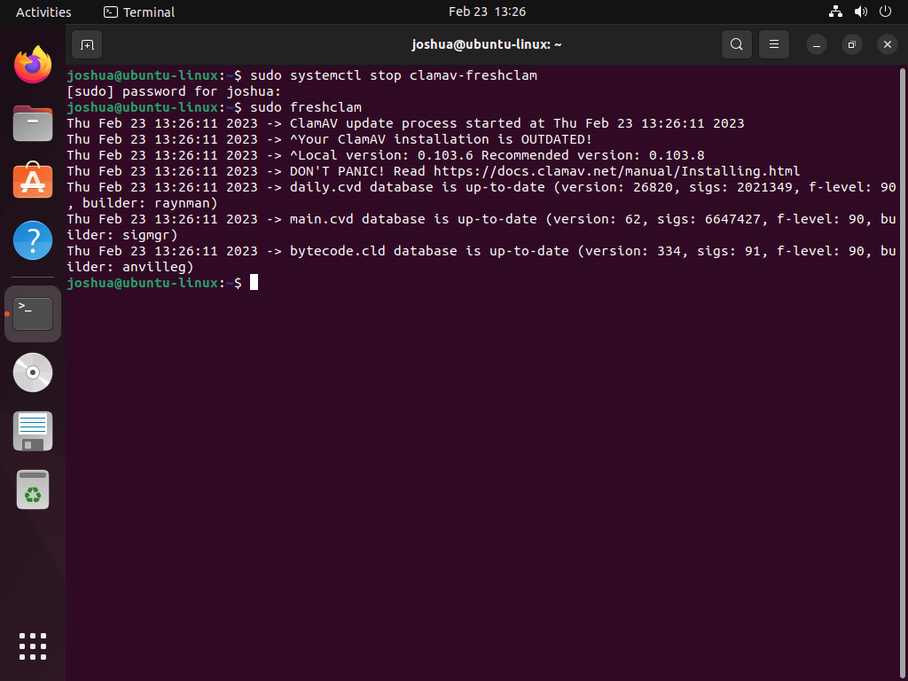 Terminal showing the Freshclam command used to update ClamAV virus definitions on Ubuntu Linux.