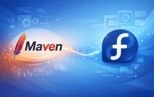 Apache Maven logo with Fedora Linux logo on blue development background