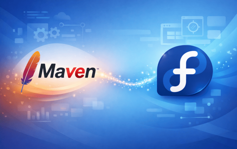Apache Maven logo with Fedora Linux logo on blue development background