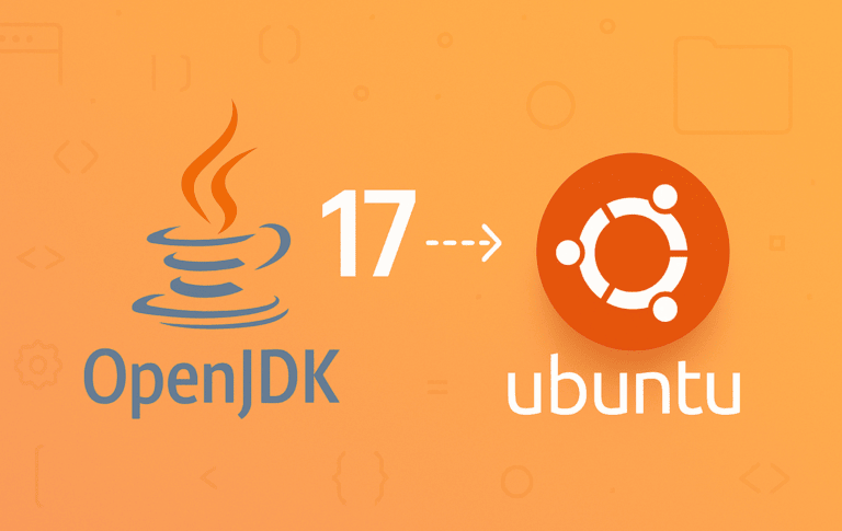 OpenJDK 17 logo with coffee cup icon and version number pointing to Ubuntu logo on orange background