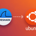 Wireshark shark fin logo connected to Ubuntu circle logo on orange gradient background