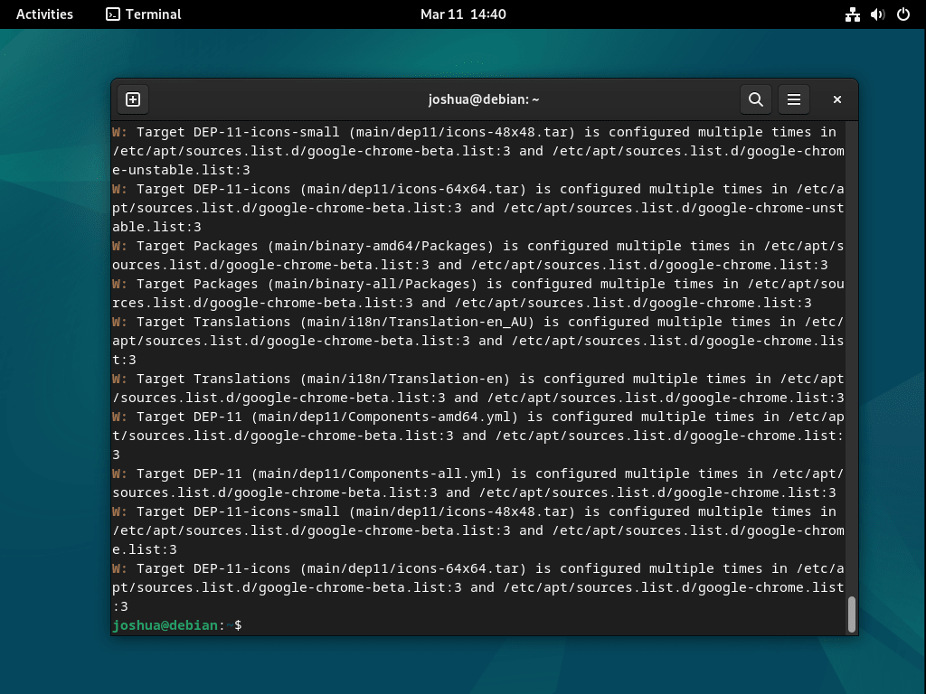 Terminal showing error output caused by multiple sources for Google Chrome on Debian Linux.