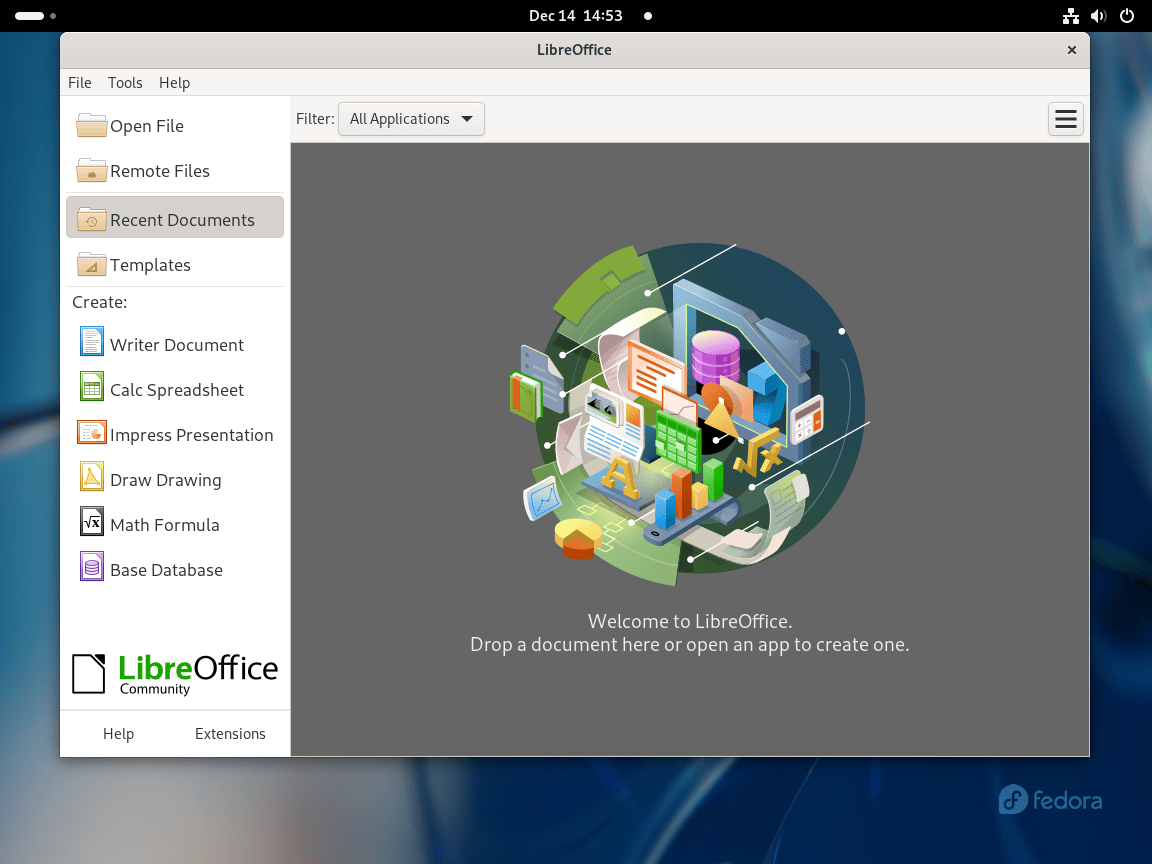 LibreOffice Suite er fuldt installeret og åbnet på Fedora
