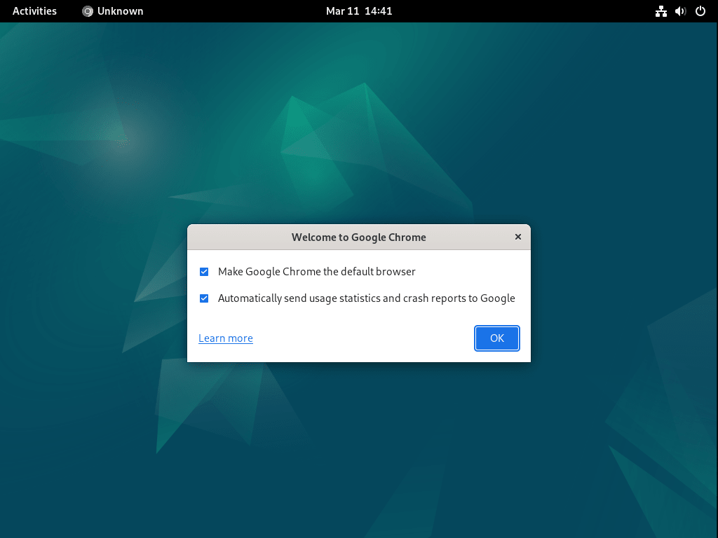 First-time setup prompt for making Google Chrome the default browser on Debian Linux.