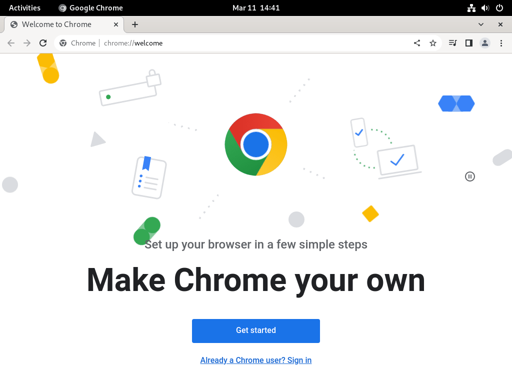 Google Chrome welcome page after successful installation on Debian Linux.