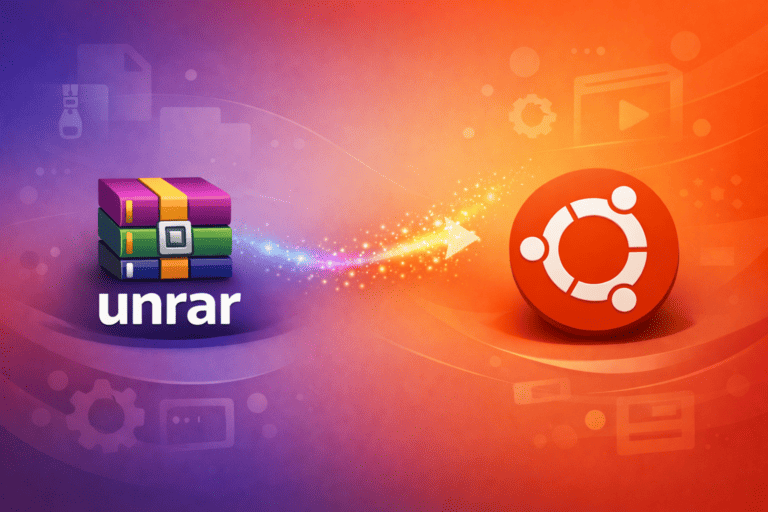 UNRAR archive icon with arrow pointing to Ubuntu logo on gradient background