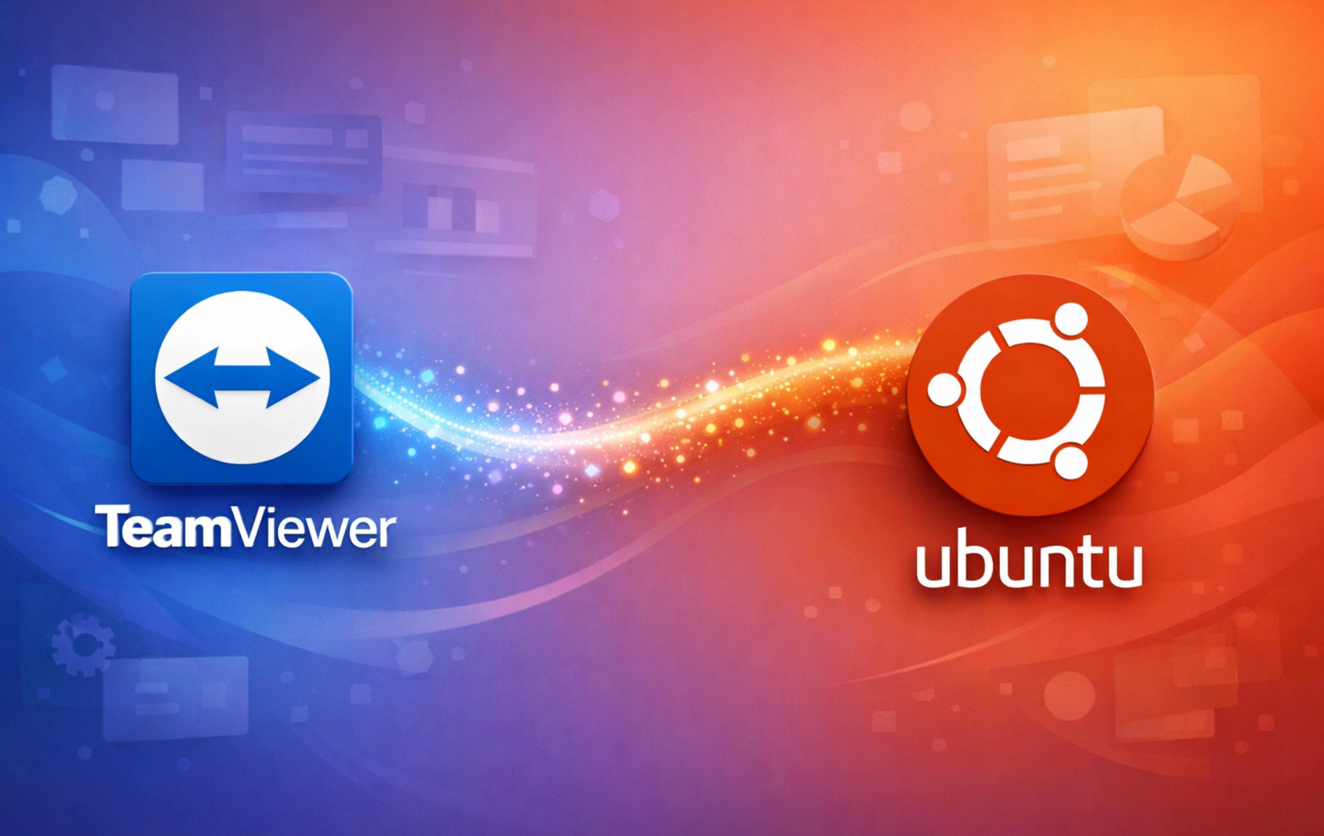 TeamViewer and Ubuntu logos connected by a flowing light stream representing remote desktop connectivity.