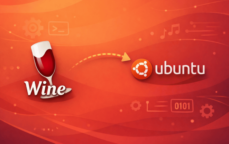 Wine logo with arrow pointing to Ubuntu logo on red background with tech icons