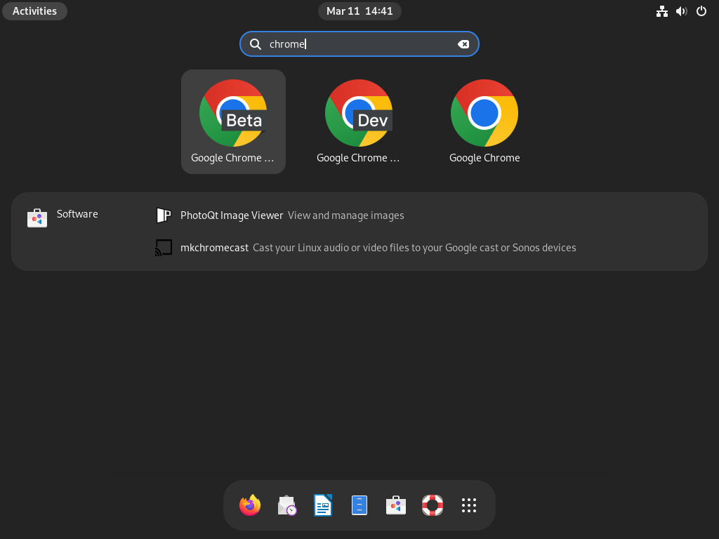 Debian Linux application menu showing Google Chrome Stable, Beta, and Dev icons.