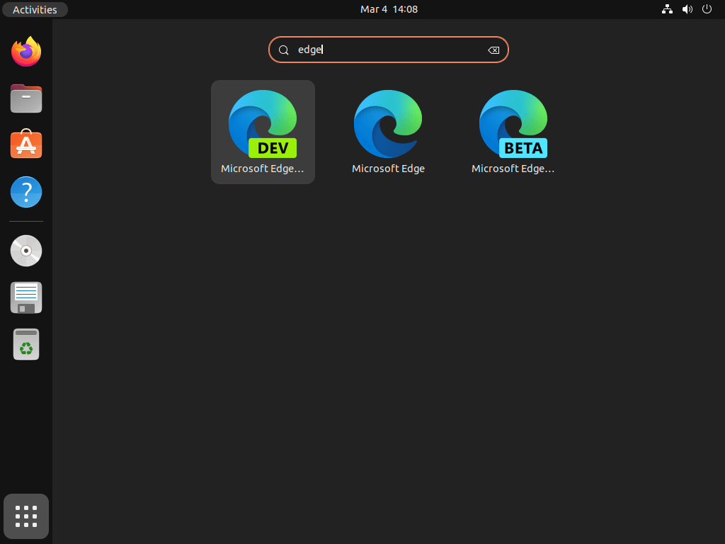 Ubuntu applications menu showing installed versions of Microsoft Edge: Stable, Beta, and Dev.