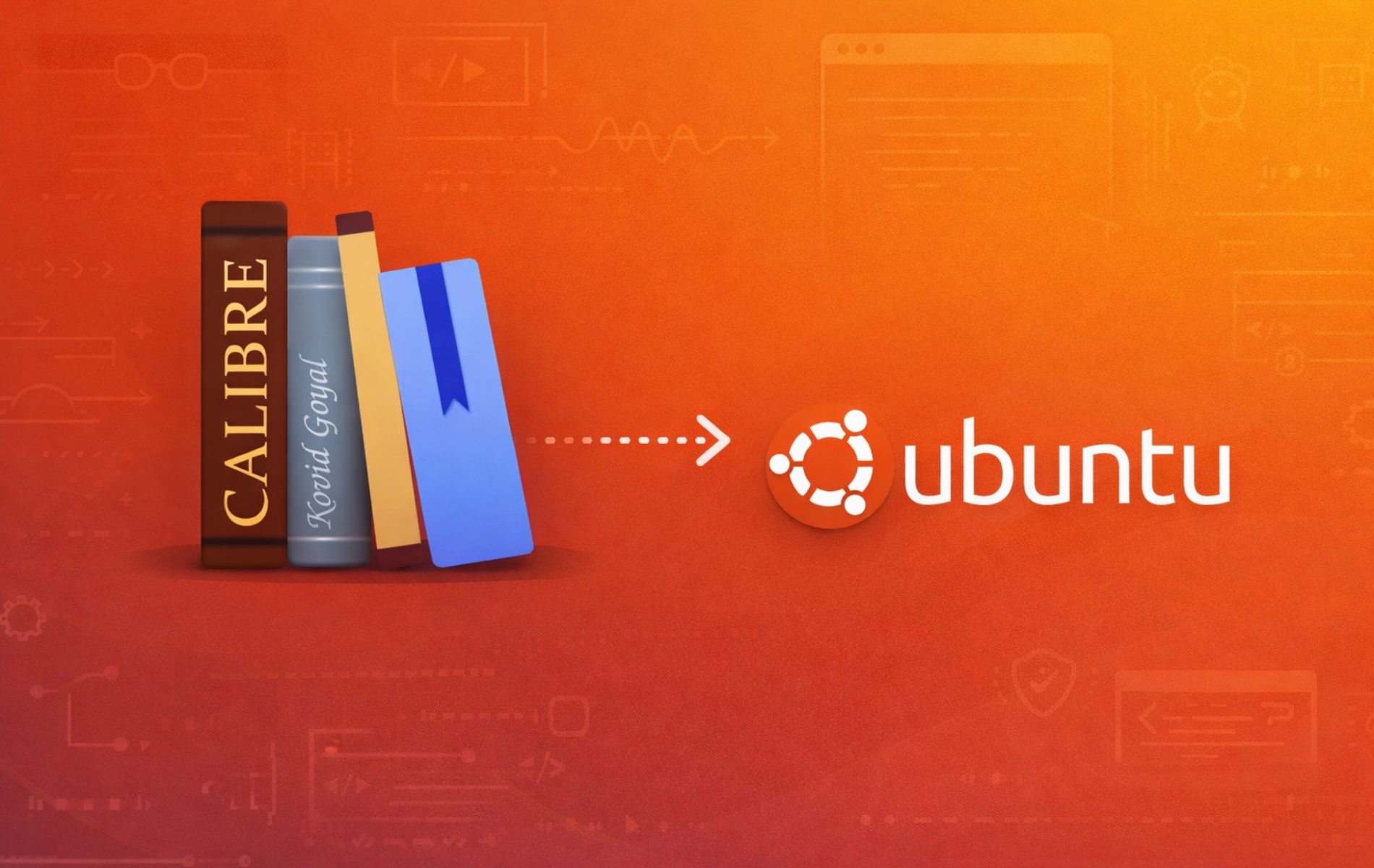 Calibre e-book manager logo with book icons pointing to Ubuntu logo on orange gradient background