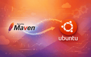 Apache Maven logo with arrow pointing to Ubuntu logo on gradient background