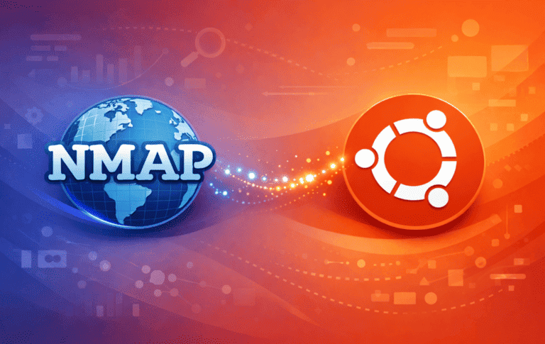 Nmap logo with globe graphic alongside Ubuntu logo on gradient background with network icons