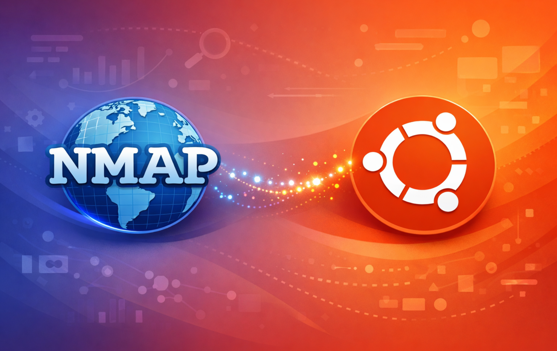 Nmap logo with globe graphic alongside Ubuntu logo on gradient background with network icons