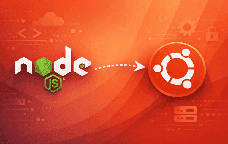 Node.js logo with arrow pointing to Ubuntu logo on orange developer-themed background