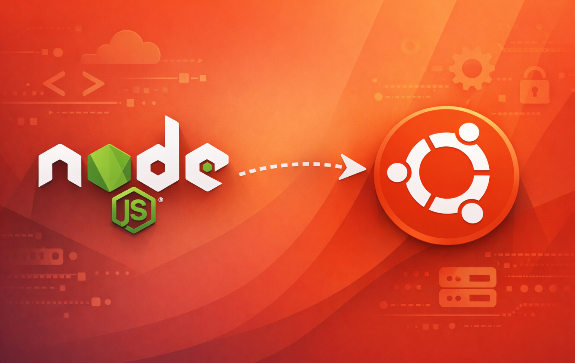 Node.js logo with arrow pointing to Ubuntu logo on orange developer-themed background