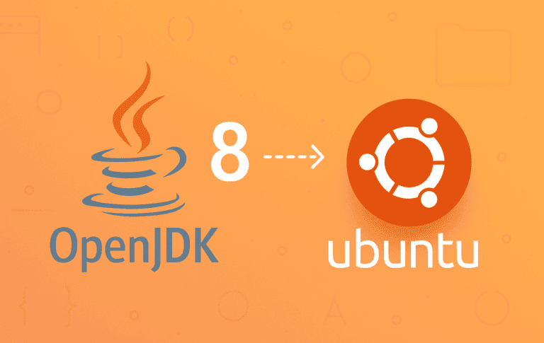 OpenJDK 8 coffee cup logo with arrow pointing to Ubuntu circle logo on orange gradient background