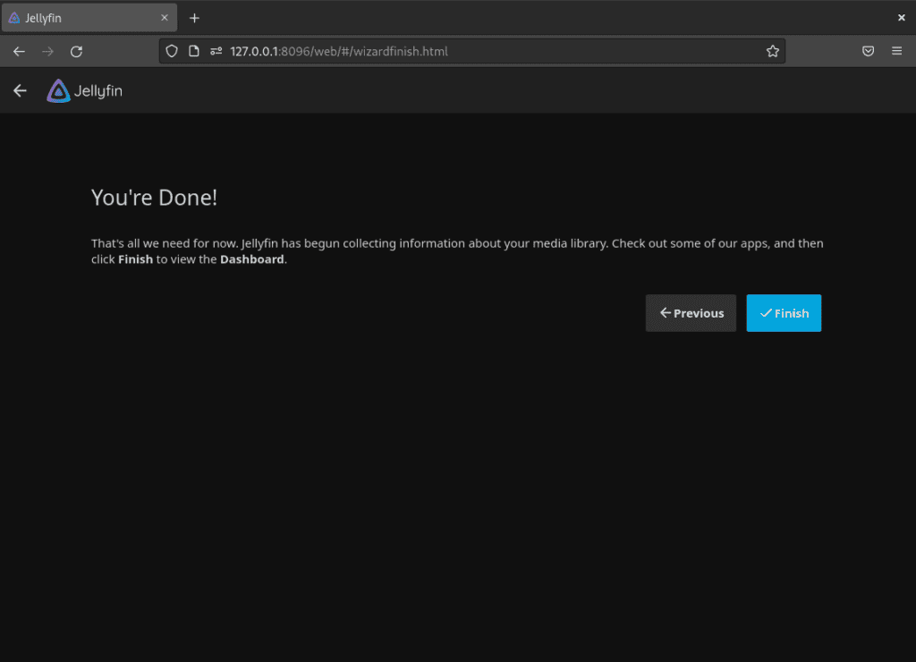 Screenshot depicting the completed setup screen of Jellyfin Media Server WebUI for Debian Linux.