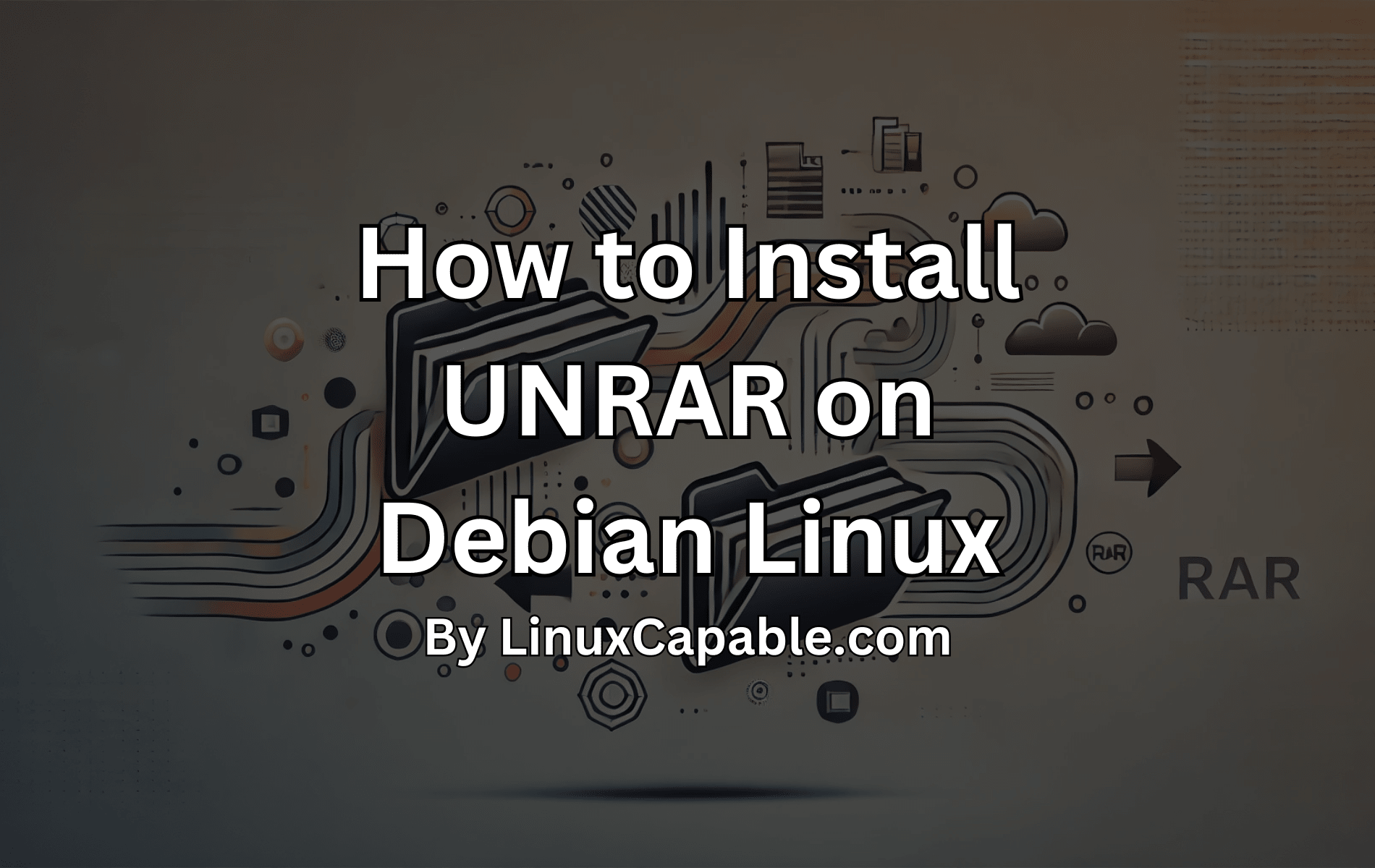 Feature image for the guide on how to install UNRAR on Debian Linux, showcasing an abstract design representing data extraction.